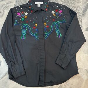 Vintage Harbour Vue Black Western Shirt with Rhinestones and Gems Size S